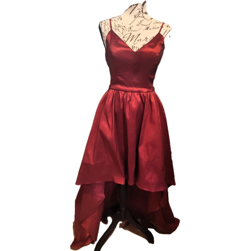 Beautiful B Smart Formal Shiny Red Gown w Waterfall Hem High Low Train SZ 7